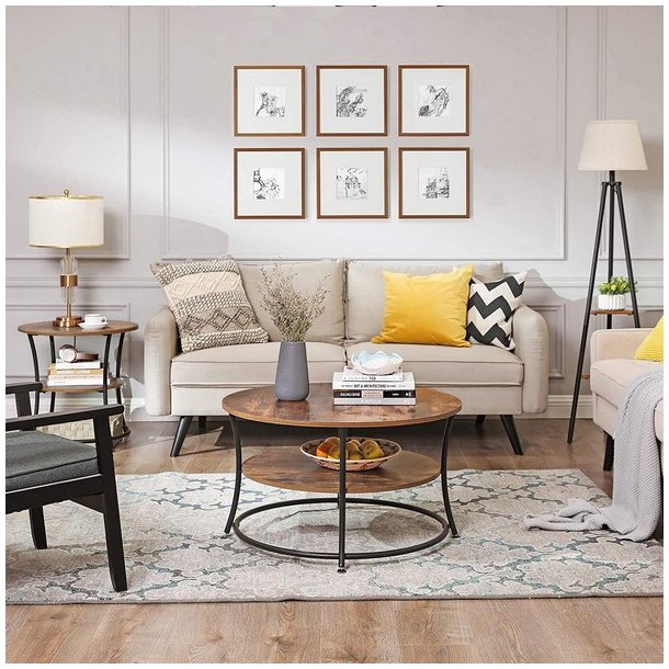 Sidebord i industrielt design - rundt med hylde - rustik brun