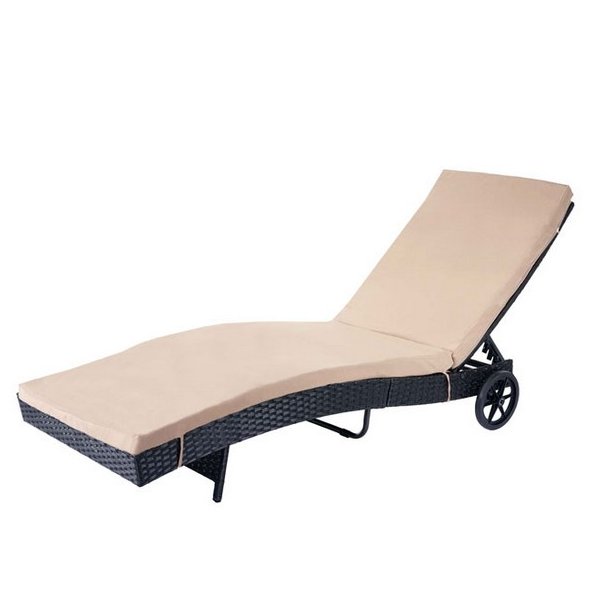 Polyrattan solseng - sort solvogn og liggestol med beige hynde