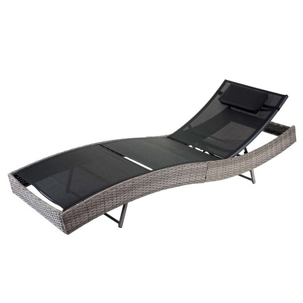 Polyrattan solseng - gr� polyrattan liggestol med sort stof