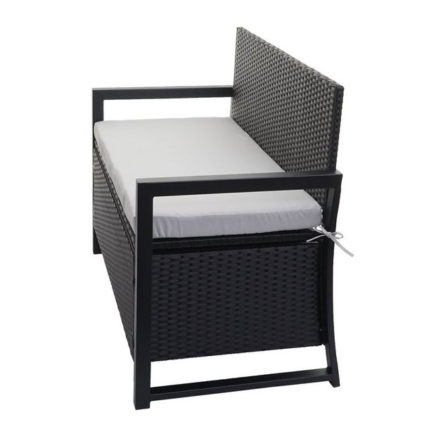 Havebnk og hyndeboks - sort polyrattan med gr hynde - 2 personer