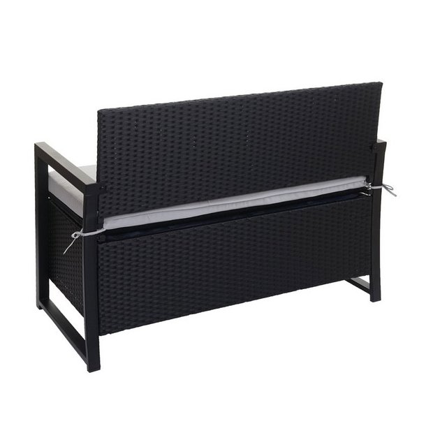 Havebnk og hyndeboks - sort polyrattan med gr hynde - 2 personer