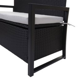 Havebnk og hyndeboks - sort polyrattan med gr hynde - 2 personer