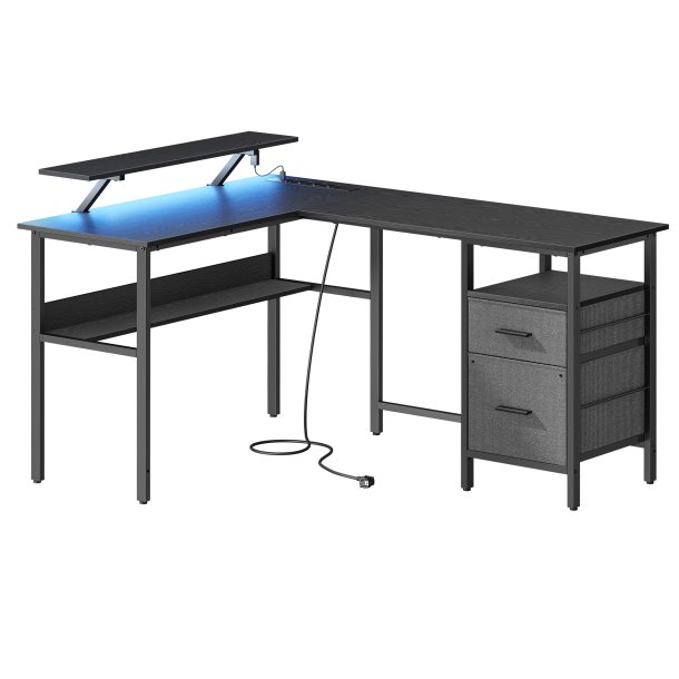 Hj�rneskrivebord med str�mstik og sk�rmstativ - sort 120x150