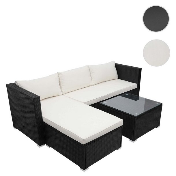 Loungesæt - sorte polyrattan siddegruppe med creme hvide hynder