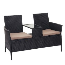 Polyrattan havebnk med bord - sort 2 personers havesofa 132 cm