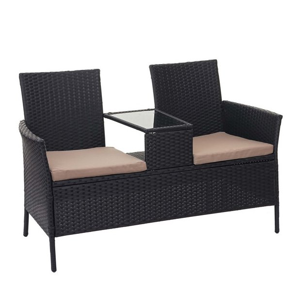 Polyrattan havebnk med bord - sort 2 personers havesofa 132 cm