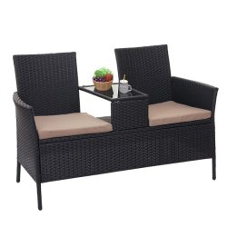 Polyrattan havebnk med bord - sort 2 personers havesofa 132 cm