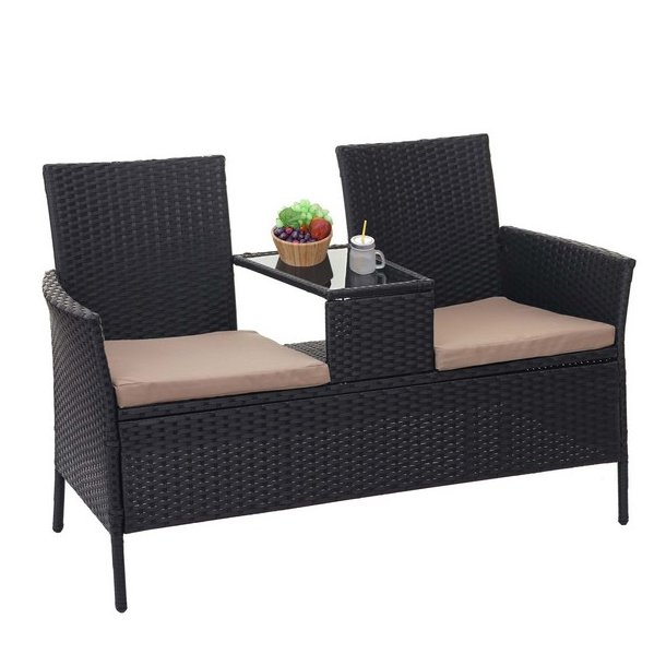 Polyrattan havebnk med bord - sort 2 personers havesofa 132 cm
