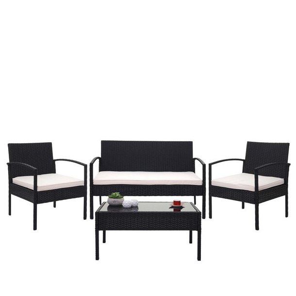 Polyrattan loungest - lounge havembelst i 4 dele - sort 2-1-1