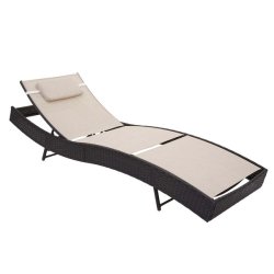 Polyrattan solseng - sort polyrattan liggestol med creme/hvid stof