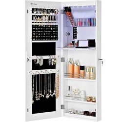 Smykkeskab med LED-lys - v�gh�ngt spejlskab til d�r - hvid