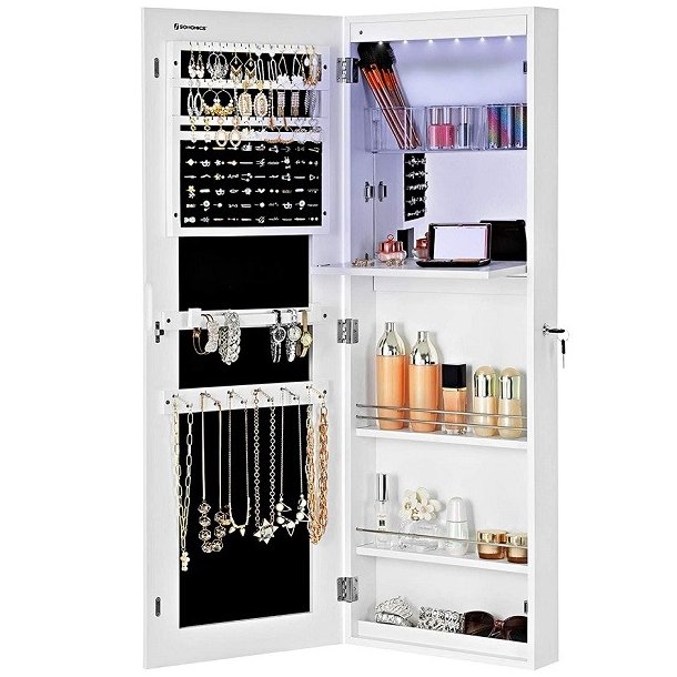 Smykkeskab med LED-lys - v�gh�ngt spejlskab til d�r - hvid