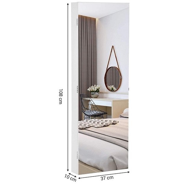 Smykkeskab med LED-lys - v�gh�ngt spejlskab til d�r - hvid