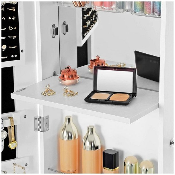 Smykkeskab med LED-lys - v�gh�ngt spejlskab til d�r - hvid