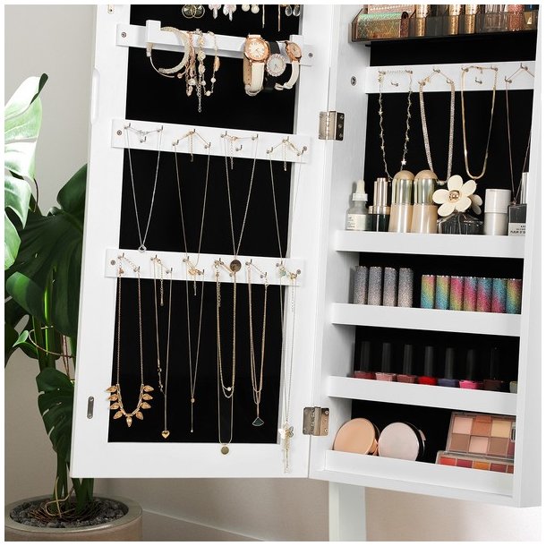 Smykkeskab - spejlskab med rum til makeup og smykker - hvid