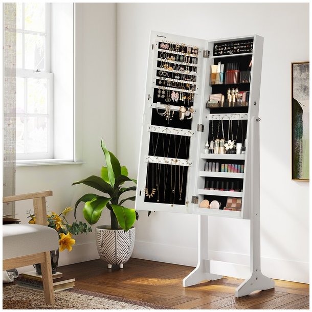 Smykkeskab - spejlskab med rum til makeup og smykker - hvid