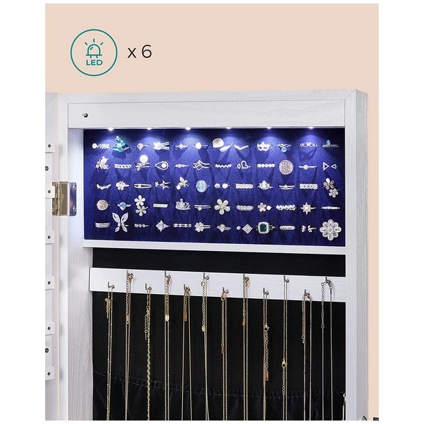 Smykkeskab med lys - v�gh�ngt spejlskab til d�r og v�g - hvid