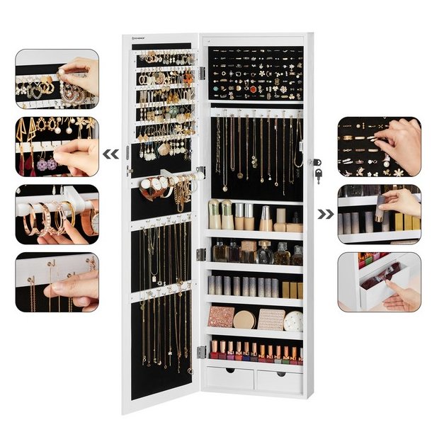 Smykkeskab med LED-lys - v�gh�ngt spejlskab til d�r - hvid