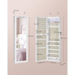 Smykkeskab med LED-lys - spejlskab til d�r og v�g - hvid