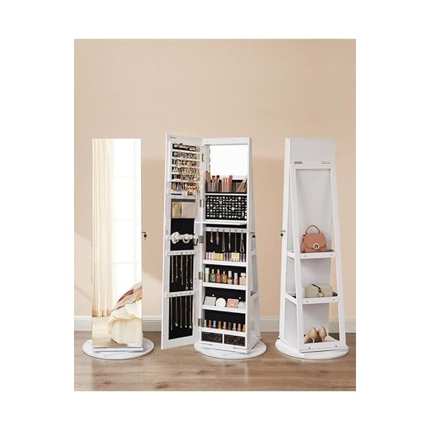 Smykkeskab - roterende spejlskab til smykker og makeup - hvid