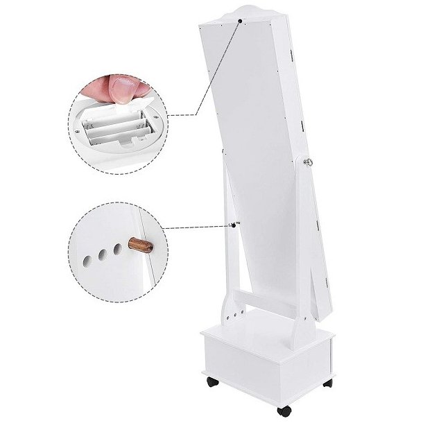 Smykkeskab med spejl, hjul og LED lys - skab til smykker - hvid