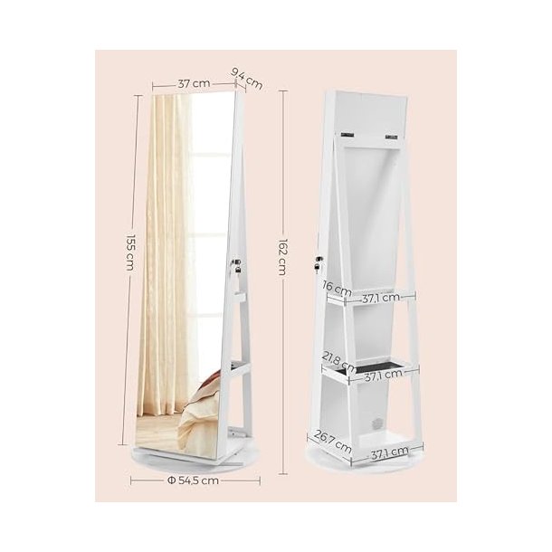 Smykkeskab - roterende spejlskab til smykker og makeup - hvid