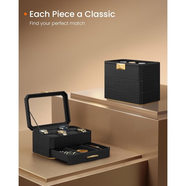 Urkasse til 8 ure i kunstl�der - 3-lags display�ske - sort