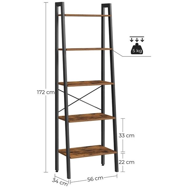 Reol - stigereol i industrielt design - rustik brun 172 x 56 x 34