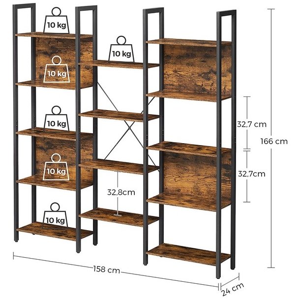 Reol - stor stuereol i industrielt design - rustik brun 158x24x166