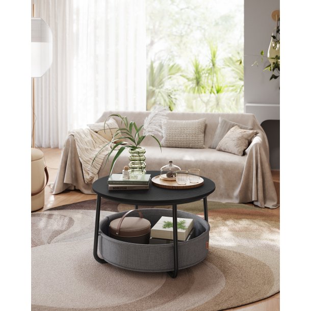Sofabord - rundt stuebord med stofkurv - sort - �75 x H45 cm