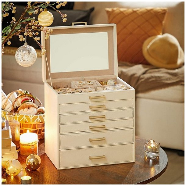 Smykkeskrin - stort smykkeskrin med 5 skuffer og spejl