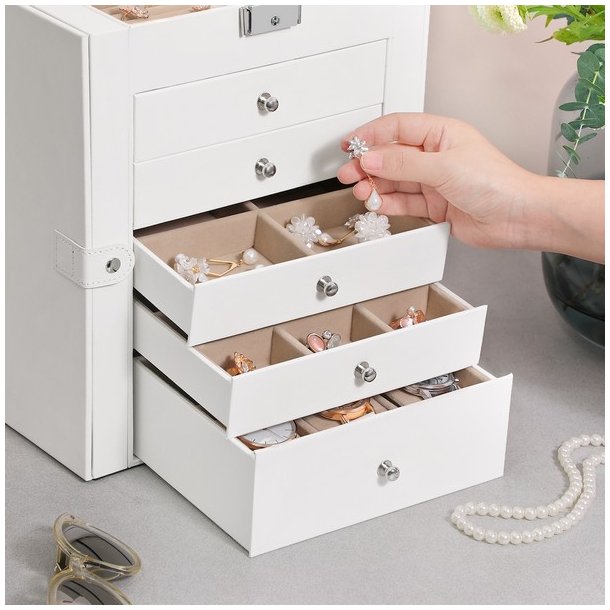 Smykkeskrin - stort smykkeskrin med 5 skuffer, spejl og l�s