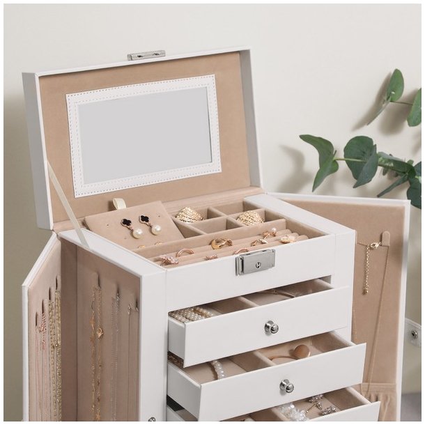 Smykkeskrin - stort smykkeskrin med 5 skuffer, spejl og l�s