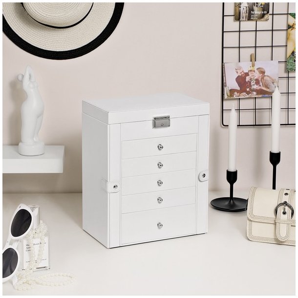 Smykkeskrin - stort smykkeskrin med 5 skuffer, spejl og l�s