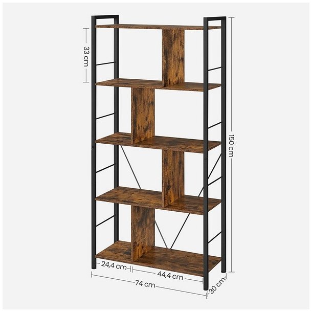 Reol - bogreol i industrielt design - rustik brun 74x30x150