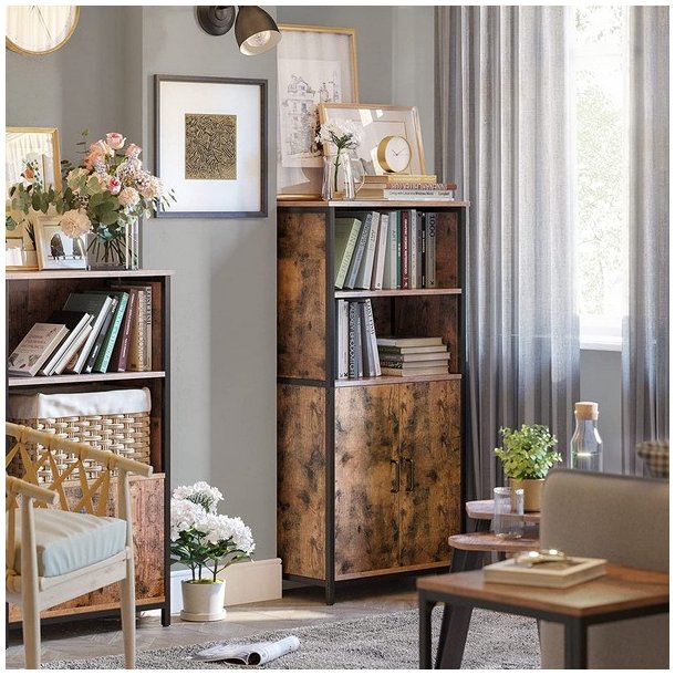 Reol - gulvreol med 2 hylder og skab - rustik brun 60x35x125