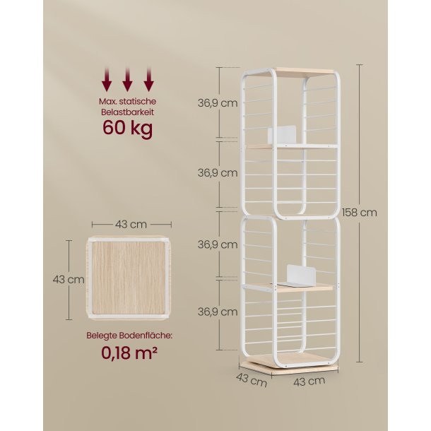 Reol - 360&deg; roterbar bogreol - hvid gulvreol - 43 x 43 x 158