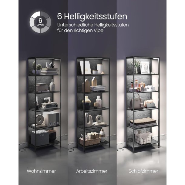 Bogreol med LED-lys - stuereol med 6 hylder - sort gulvreol