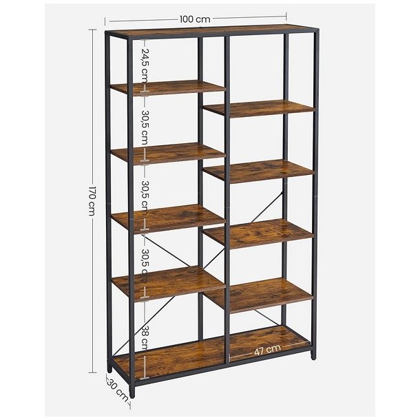 Stuereol - reol i industrielt design - rustik brun 170x100x30