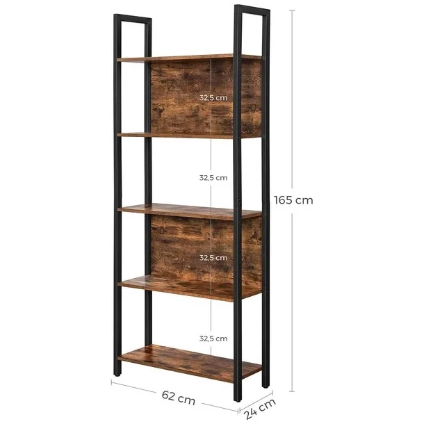 Reol - bogreol i industrielt design - rustik brun 165 x 62 x 24