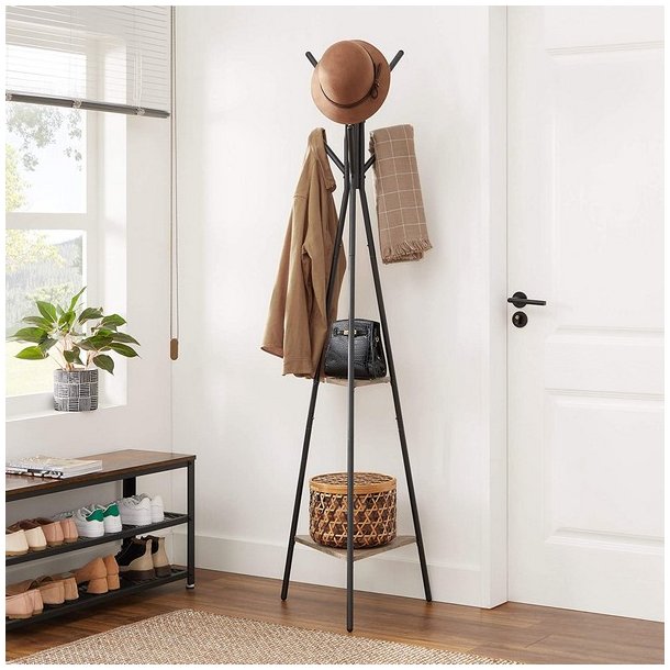 Stumtjener - frakke stativ i sort metal med 2 gr� beige hylder