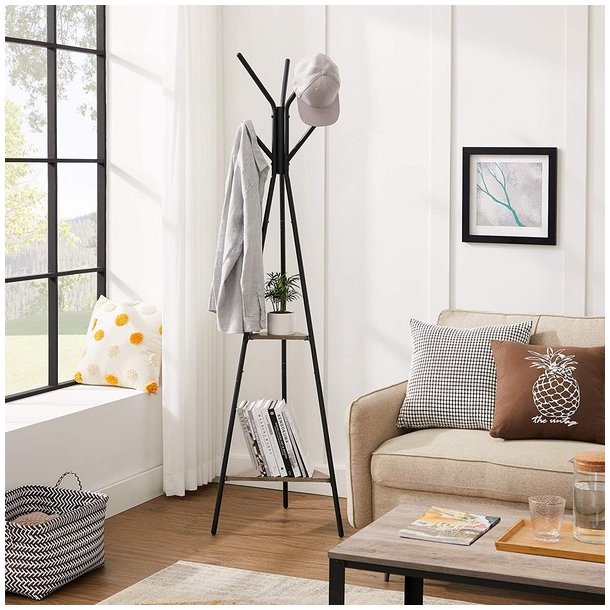 Stumtjener - frakke stativ i sort metal med 2 gr� beige hylder