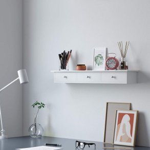 V�ghylde - hvid hylde i tr� med 3 skuffer - 80 x 15 x 10 cm