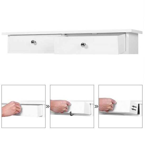 V�ghylde - hvid hylde i tr� med 2 skuffer - 65 x 15 x 10 cm