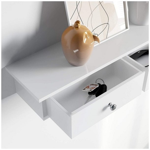 V�ghylde - hvid hylde i tr� med 3 skuffer - 80 x 15 x 10 cm