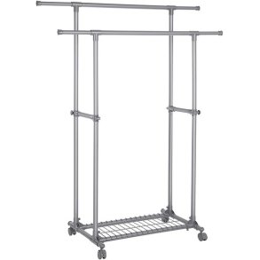 T�jstativ med dobbelt b�jlestang og skohylde - justerbart gr�