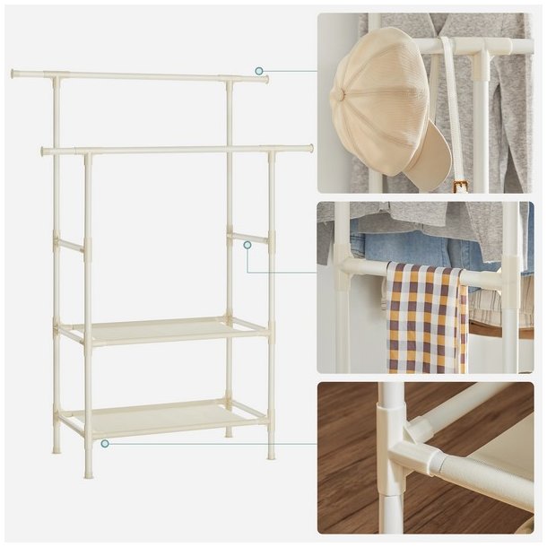 Garderobestativ - tjstativ med hylde og dobbelt tjstang - hvid