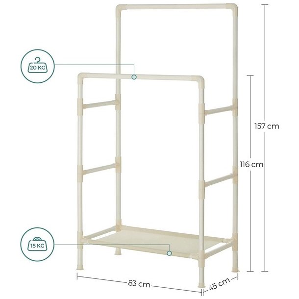 Garderobestativ - tjstativ med hylde og dobbelt tjstang - hvid