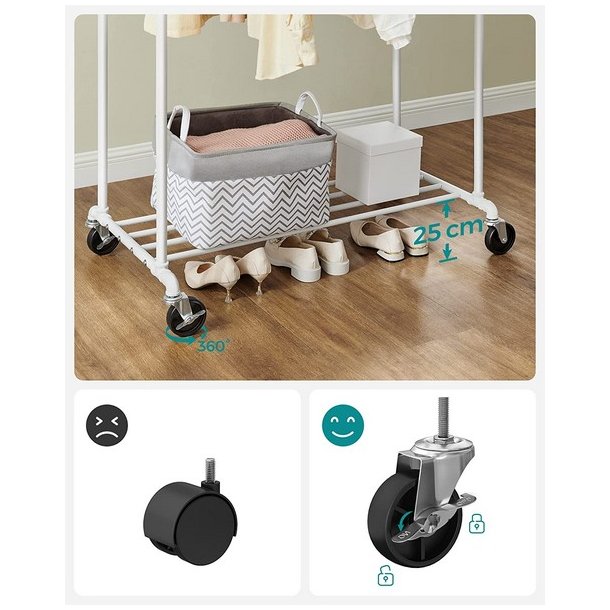 T�jstativ i vandr�r look med hjul, hylde og dobbelt t�jstang