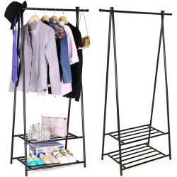 T�jstativ med hylder i sort metal - t�jstang med 2 skohylder